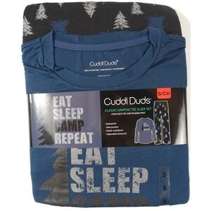 Cuddl Duds Pajama Set Men Small Relaxed Fit Pockets Graphic Tee Pants Camping